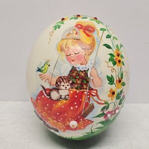 Vintage Hand Painted Ceramic Floral Easter Egg Swinging Girl With Kitty And Bird